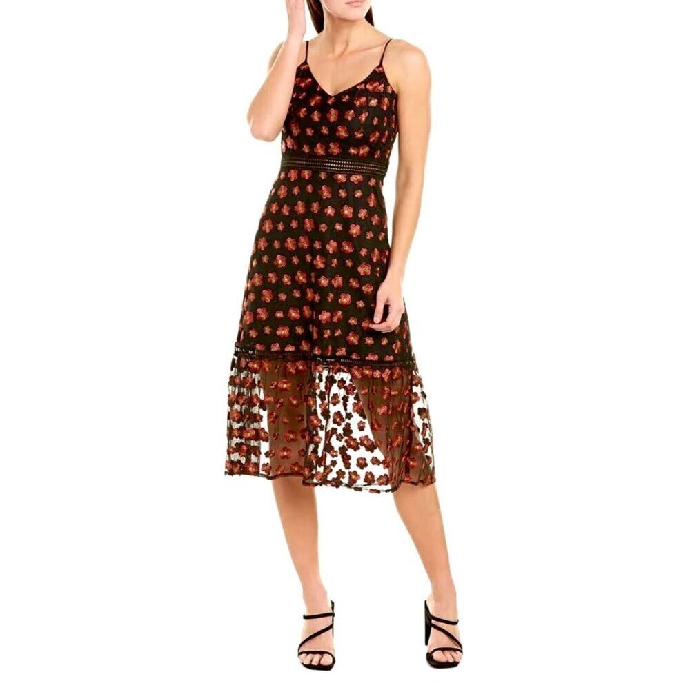Jack by BB Dakota‎ Midi Dress Women’s Size 6 Floral Embroidered Mesh Black Red